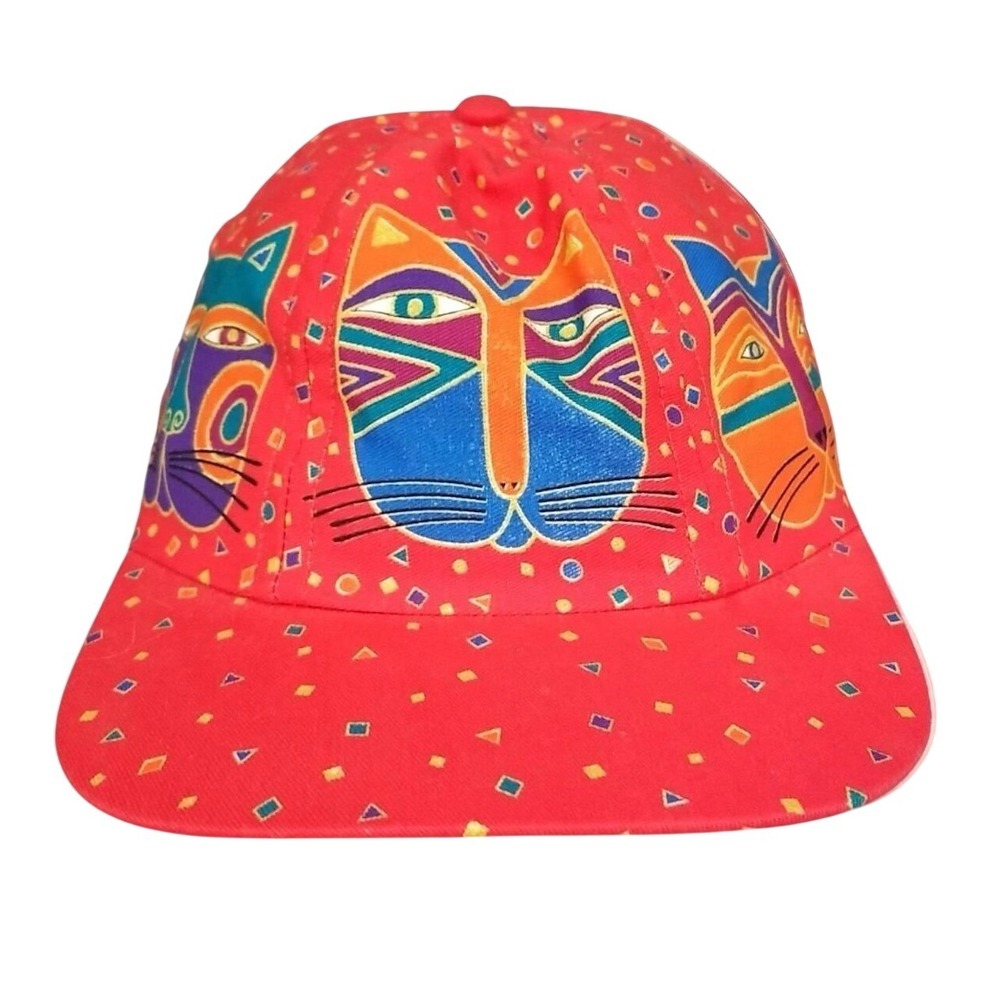Laurel Burch Vintage Cat Print Baseball Cap Red Multicolor Adjustable Hat